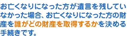 お亡くなりになった方が遺言を残していなかった場合、お亡くなりになった方の財産を誰がどの財産を取得するかを決める手続きです。